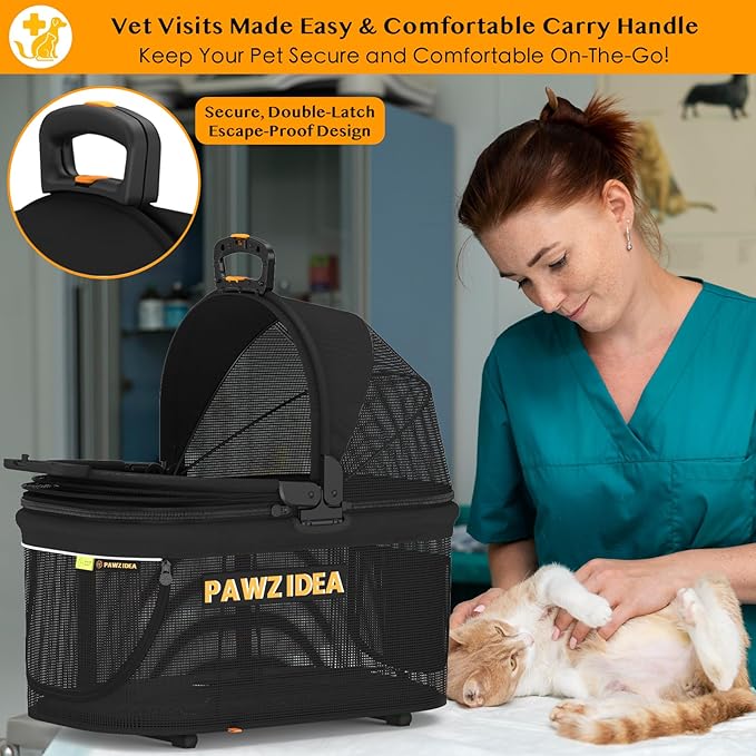 PAWZIDEA Portable Small Dog Crate for Car Travel, Enclosed Pet Car Seats for Small/Medium Dogs & Cats, Reversible No-Zip Canopy, Soft-Sided Pet Carrier Cage, Collapsible Travel Dog Kennel, Chew-Proof