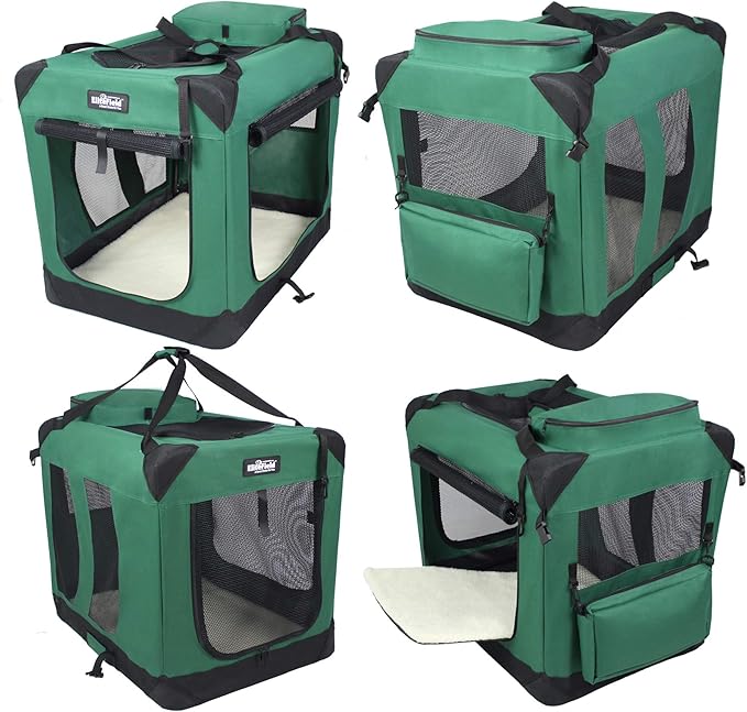 EliteField 3-Door Folding Soft Dog Crate with Carrying Bag and Fleece Bed (2 Year Warranty), Indoor & Outdoor Pet Home (24" L x 18" W x 21" H, Green)