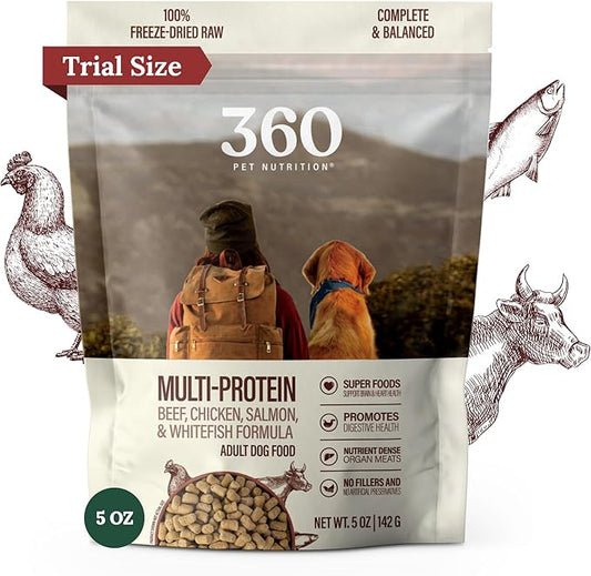 360 Pet Nutrition Raw Freeze-Dried Dog Food, High Protein, Balanced Meal w/Beef, Chicken,Organs, Whitefish, Omega-3, Fruit&Veg, Superfoods, No Fillers, 5 oz Food/Bites/Kibble (Multi Meat) Trial Size