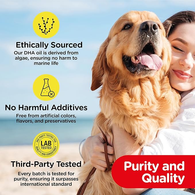 PetJesty Pure Omega 3 Oil for Dogs & Cats 26.39oz - Omega 3 Skin & Coat Support- Liquid Food Supplement for Pets - Vegan pet + DHA for Joint Function, Immune & Heart Health, Non Fish Oil Dog and Cat