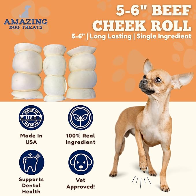 Amazing Dog Treats - Beef Cheek Rolls (Mega Thick 5-6" - 4 Pcs) - Safe Rawhide Alternative Dog Chew - Great for Power Chewers - Long Lasting Dog Chew - Retriever Rolls for Dogs