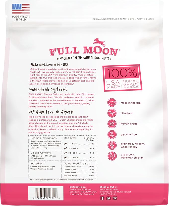Full Moon Chicken Strips Healthy All Natural Dog Treats Human Grade Made in USA Grain Free, 1.5 Pound (Pack of 2)