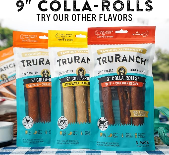 TRURANCH Collagen Rolls - 9" Collagen Rolls for Dogs - Long Lasting Healthy Joint Support - Rawhide Alternative - Skin & Coat Health - Made with Real Chicken, Value Pack, 3 Bags, 9 Count