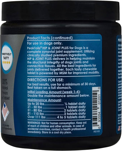 KALA HEALTH PeakTails Hip & Joint Plus for Dogs  90 Tablets, Glucosamine, Chondroitin, OptiMSM & Ester-C  Supports Joint Mobility & Comfort