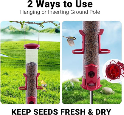 Tube Bird Feeder for Outdoors Hanging Finch Feeders for Outsides Metal 4 Ports & U Perches Squirrel Chew Proof, Removable Base, Easy to Fill & Clean, Red Attracts More Wild Birds