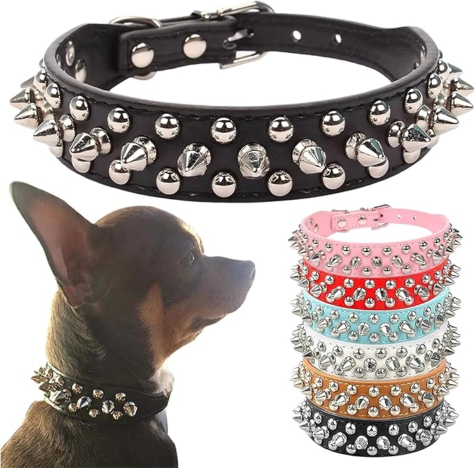 PETCARE Spiked Dog Collar Black Soft Pu Leather Funny Mushrooms Rivet Spike Studded Puppy Collar Adjustable Outdoor Pet Dog Collar for Small Medium Large Dogs Cats Chihuahua Pug Pit Bull Dog Collars
