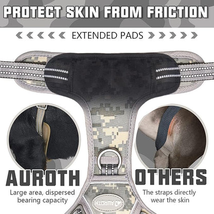 Auroth Tactical Dog Harness for Small Medium Large Dogs No Pull Adjustable Pet Harness Reflective K9 Working Training Easy Control Pet Vest Military Service Dog Harnesses XL Grey Camo