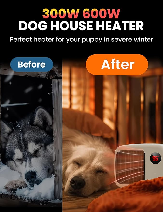 Dog House Heater with Thermostat: Pet House Heater with Overheat Protection, 300W 600W 2 Heating Mode, Anti Chew Cord, Chicken Coop Heater for Outside, Hound Kennel, Cat Cage, Rabbit Hutch