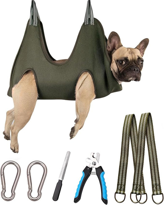 10 in 1 Pet Grooming Hammock Harness with Trim/Dog Grooming Sling for Nail Clipping (M/Under 45lb, Khaki Green)