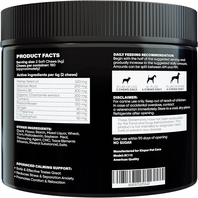 Calming Chews for Dogs with Hemp Oil - Dog Calming Treats with Duck Flavour - Aid During Thunderstorms, Fireworks, Separation, Car Rides - Hemp Dog Treats for Calming Support - 180 Chews