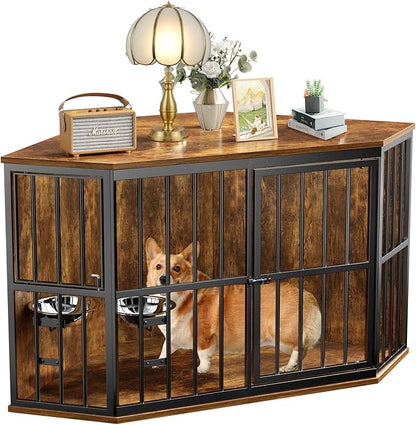 Medium Dog Crate Furniture, 42” Heavy Duty Corner Dog Crate with 2 Stainless Steel Bowls, Dog Kennel Furniture Style House, Wooden Decorative Pet House End Side Table, Chew-Resistant, Rustic