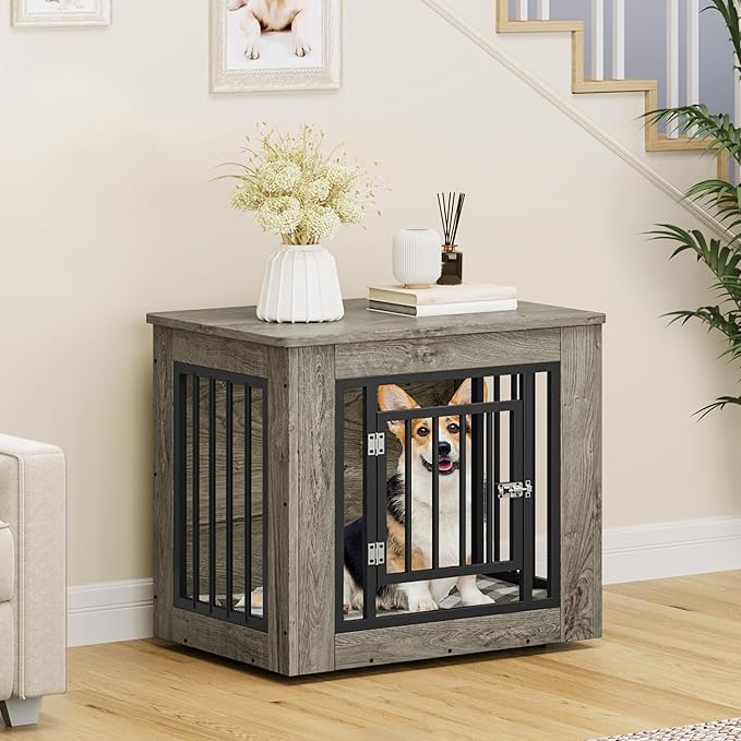 YITAHOME 27.2" L Dog Crate Furniture for Medium Dogs, 2-in-1 Iron-Wood Fusion Dog cage Indoor up to 30 lb, Side End Table, Modern Dogs Kennel with Waterproof Top, Safety Corners,Steel Lock,Grey