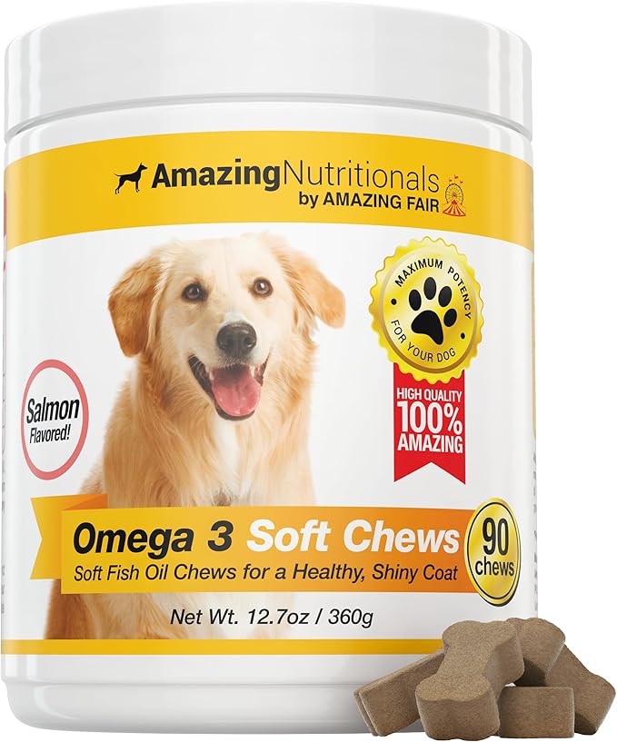 Amazing Omega 3 for Dogs - Omega 3 Fish Oil for Dogs Supplement for Itchy Skin Relief for Dry Skin and Hot Spots and Shedding Coat with EPA and DHA Fatty Acids - 90 Salmon Soft Chews