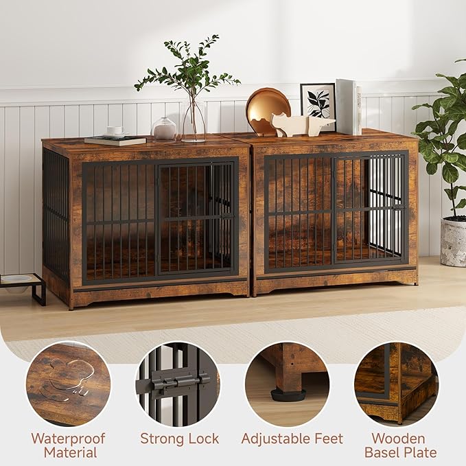 86 Inch Double Dog Crate Furniture with Divider, Large Dog Kennel Furniture for 2 Dogs with 4 Combination Forms, Brown Corner Dog Crate for Small Medium Large Dogs