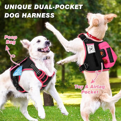 WINGOIN Tactical Dog Harness for Large Dogs, No Pull Harness with Handle Pockets Poop Bag, Reflective Dog Vest, Military Service Heavy Duty Big Dog Harness for Walking Hiking Training, Black Pink, L