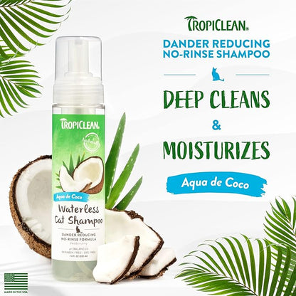 TropiClean No Rinse Waterless Cat Shampoo | Dandruff Treatment | Moisturizing Dry Shampoo for Dry Skin | USA Made | Aqua de Coco Scent | 7.4oz.
