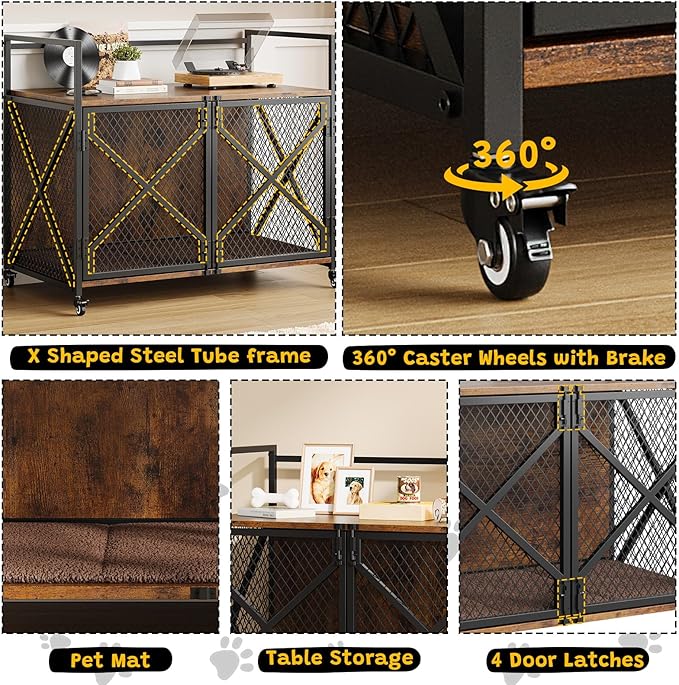 31 Inch Dog Crate Furniture, Heavy Duty Decorative Dog Cage with Lockable 360° Wheels, Double Door Dog Kennel End Table for for Small Medium Large Dog, Rustic Brown