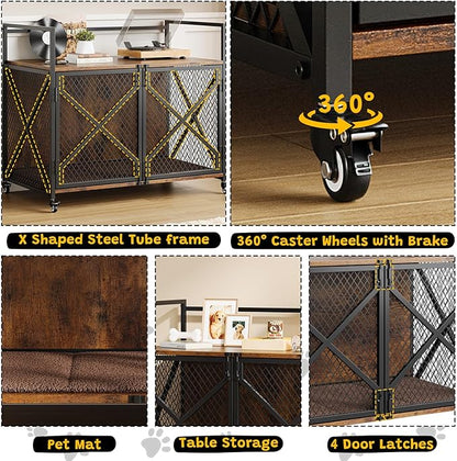 31 Inch Dog Crate Furniture, Heavy Duty Decorative Dog Cage with Lockable 360° Wheels, Double Door Dog Kennel End Table for for Small Medium Large Dog, Rustic Brown