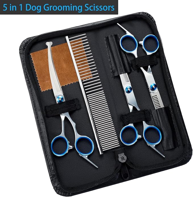 5 in 1 Premium Dog Grooming Scissors, Professional Dog Scissors for Grooming with Safety Round Tips, Lengnoyp Stainless Steel Thinning Shears, Dog Pet Cat Shears for Grooming Kit