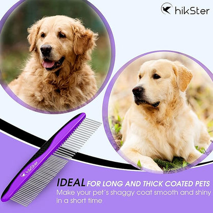 Dog Comb for Grooming Pet Comb with Stainless Steel Rounded Teeth Rubber Handle for Large Medium & Small Cat Comb Removes Knots & Tangled Hair