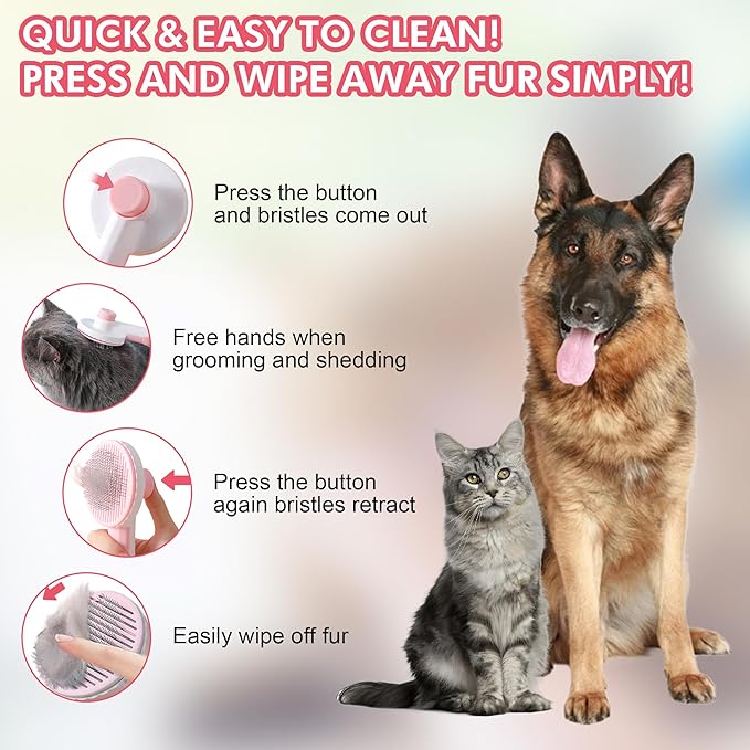 Pet Grooming Brush Kit 7pcs, Cat Brush with Release Button Comb Set for Shedding -Cat Brush&Nail Clippers File Set for Cat Dogs Long matted Haired Pets and Nail Repair(Pink)