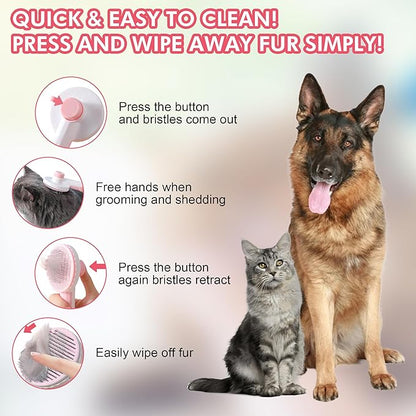 Pet Grooming Brush Kit 7pcs, Cat Brush with Release Button Comb Set for Shedding -Cat Brush&Nail Clippers File Set for Cat Dogs Long matted Haired Pets and Nail Repair(Pink)