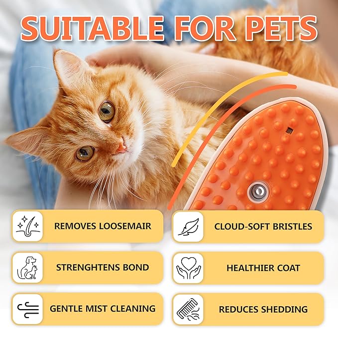 Cat Steam Brush, 4 in 1 Steam Brush for Cats, Pet Hair Steamy Brushes for Massaging and Cleaning Shedding Pets, Rechargeable Cat Brush with Steam for Long & Short Haired Cats and Dogs (orange)