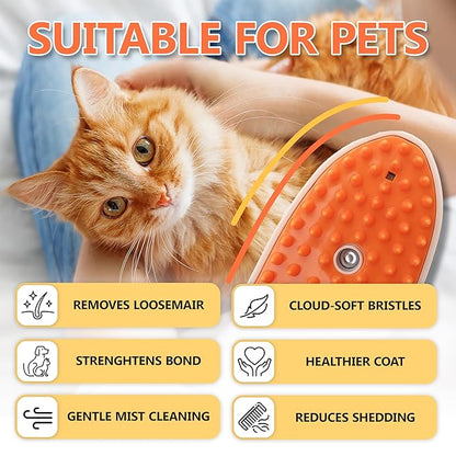 4 in 1 Steam Brush for Cats & Dogs - Rechargeable Massaging & Cleaning Brush for Long & Short Haired Pets (Orange)
