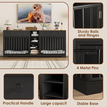 IDEALHOUSE 82” Large Dog Crate for 2 Dogs, Dog Kennel Indoor with 4 Drawers and Shelves, Double Dog Crate Furniture TV Stand, Wooden Dog Cage for Medium Large Dogs, Black