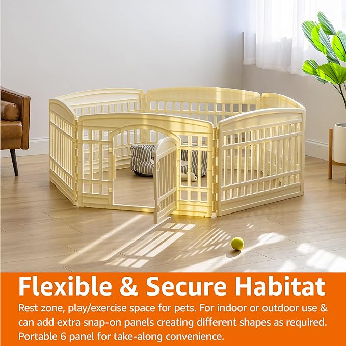 Amazon Basics 6-Panel Indoor Pet Dog Hexagonal Playpen, Puppy Playpen with Door, Easy Assemble Easy Storing, 24 in, Beige