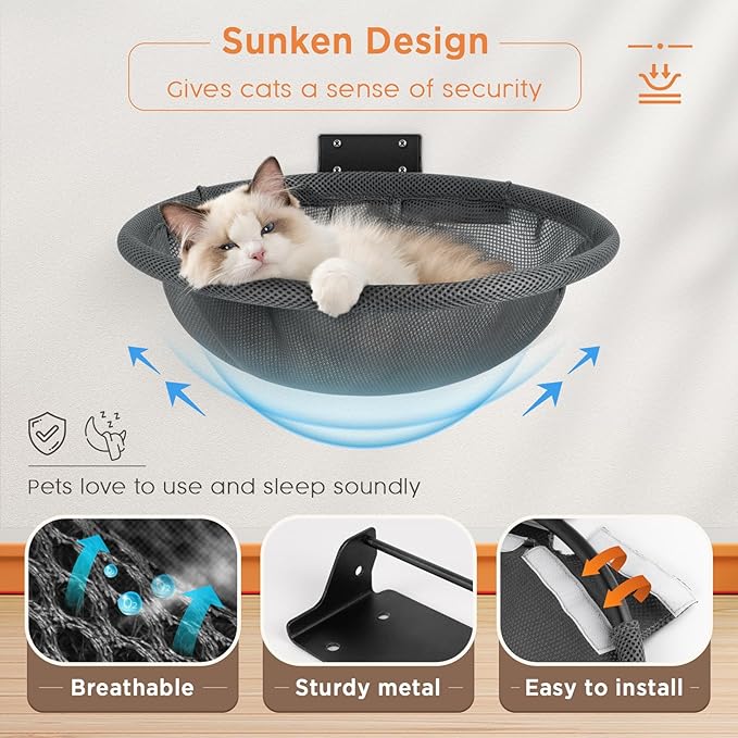 Cat Hammock Wall Mounted, Foldable & Stable Cat Beds- Breathable Cat Wall Shelves for Sleeping, Playing, Climbing, and Lounging - Maximum Hold Up to 30lb (Gray)