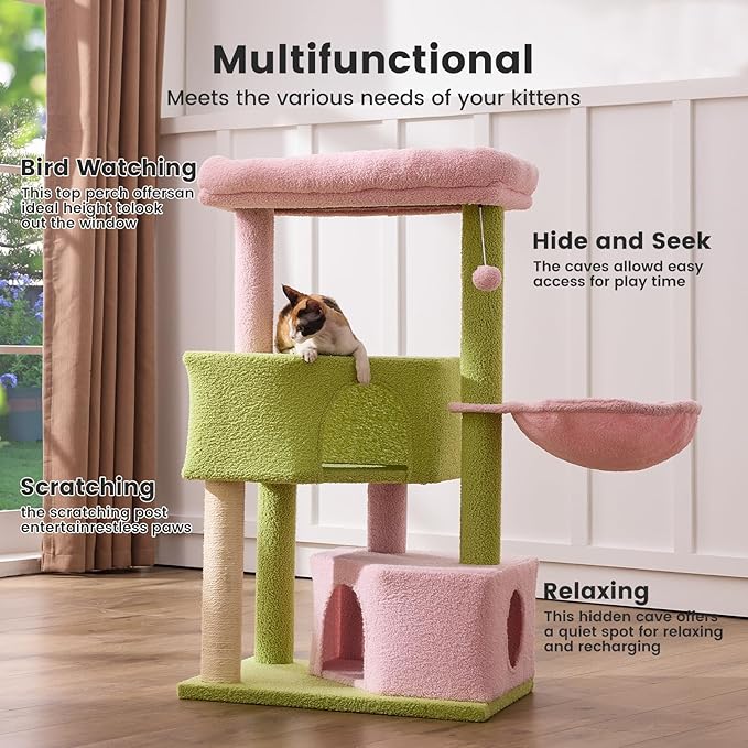 Gardner Pet 41" Tall Pink&Green Cat Tree for Medium-Large Cats, Heavy Duty Cat Tower with 2.8in Posts & Washable Top Perches, Space-Saving Cat Furniture for Apartments, Easy to Assembly