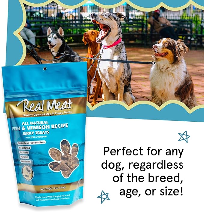 Real Meat Dog Treats - 12oz Bag of Bite-Sized Air-Dried Fish & Venison Jerky for Dogs - Grain-Free Jerky Dog Treats Made up of 95% All-Natural, Human-Grade, Free-Range Venison & Ocean-Caught Fish