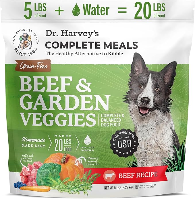 Dr. Harvey's Beef & Garden Veggies Dog Food, Human Grade Grain-Free Dehydrated Food for Dogs with Freeze-Dried Beef (5 Pounds)