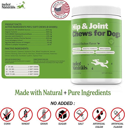 Deley Naturals Hip and Joint Supplement for Dogs - Glucosamine for Dogs with MSM, Turmeric, Chondroitin & Collagen Supplements - Joint Support Chews for Mobility, Flexibility & Comfort - 120 Chews