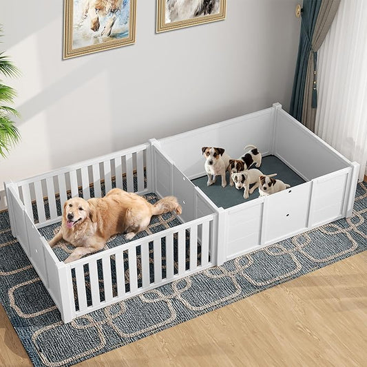 DWVO Whelping Box for Dogs Puppies: 78" x 39.4" x 17.7" Indoor 3-in-1 Dog Pen with Waterproof Mat and 2 Dividers for Small and Medium Dog Breeds (White)