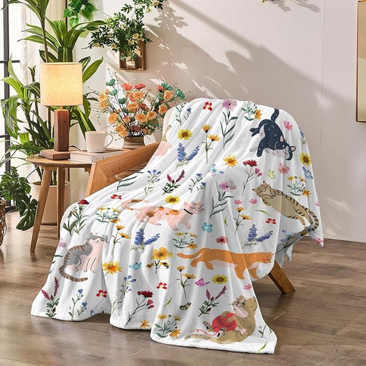 Floral Throw Blanket Birthday Gift for Women Mom Girls Kids Cat Lover Cat Flower Blanket Summer Wildflower Flannel Blanket Watercolor Printed Throw for Couch Sofa Bed Chair 60"x80"