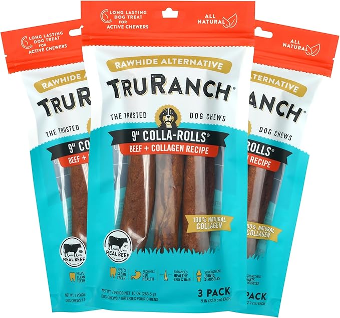 TRURANCH Collagen Rolls - 9" Collagen Rolls for Dogs - Long Lasting Healthy Joint Support - Rawhide Alternative - Skin & Coat Health - Made with Real Beef, Value Pack, 3 Bags, 9 Count