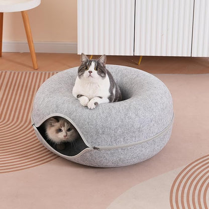 Large Cat Tunnel Bed for Indoor Cats with 3 Toys, Scratch Resistant Donut Cat Bed, Up to 30 Lbs (L 24x24x11, Light Grey)