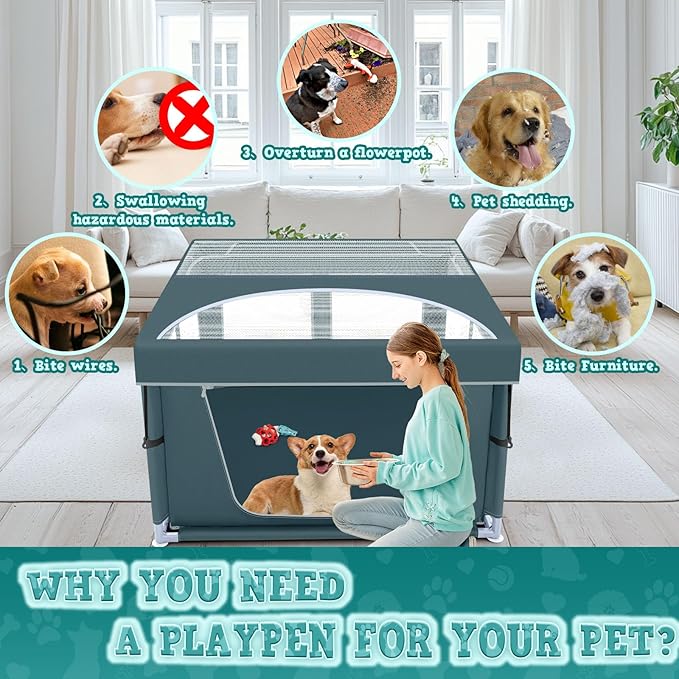 42x42x26 Inch Puppy Playpen with Cover, Dog Playpen for Puppies or Small Dogs, Pet Playpen for Indoor & Outdoor, Sturdy DogPen with Thickened Fabric, High-Strength Nylon Wire Mesh, Green