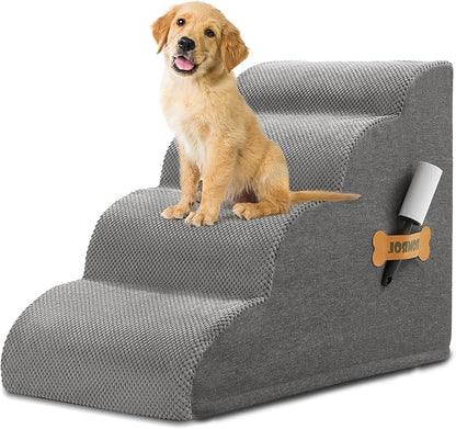 Dog Stairs, Romrol Dog Steps Ramp for High Bed and Couch, Dog Ramp with Durable Non-Slip Waterproof Fabric Cover, Pet Stairs for Small Dogs and Cats or Pets Joints, 4-Tiers,Grey