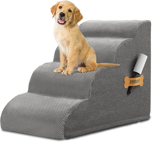 Dog Stairs, Romrol Dog Steps Ramp for High Bed and Couch, Dog Ramp with Durable Non-Slip Waterproof Fabric Cover, Pet Stairs for Small Dogs and Cats or Pets Joints, 4-Tiers,Grey