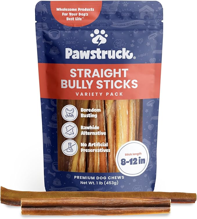 Pawstruck Natural 8-12" Bully Sticks for Dogs - Best Long Lasting, Rawhide Free, Low Odor & Grain Free Dental Chew Treat - Healthy Single Ingredient 100% Real Beef - 1 lb Bag - Packaging May Vary