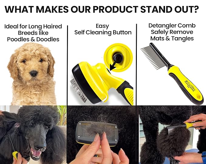 Slicker Dog Brush for Goldendoodles, Poodles & Dematting Pet Comb Value Kit - Easy Self Cleaning Slicker Brush for Grooming Dogs, Golden Doodle, Poodle, Cats - Detangle Comb Removes Matts