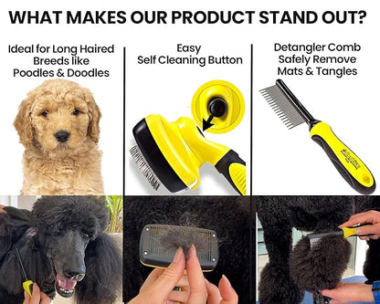 Slicker Dog Brush for Goldendoodles, Poodles & Dematting Pet Comb Value Kit - Easy Self Cleaning Slicker Brush for Grooming Dogs, Golden Doodle, Poodle, Cats - Detangle Comb Removes Matts