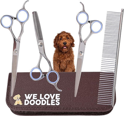 Dog Grooming Scissors Kit - Best Tools for Goldendoodles, Poodles & Doodles - Straight, Curved & Thinning Shears - Golden Doodle Grooming Kit - Professional Grade Steel, 4 Pc Set (Long Silver)