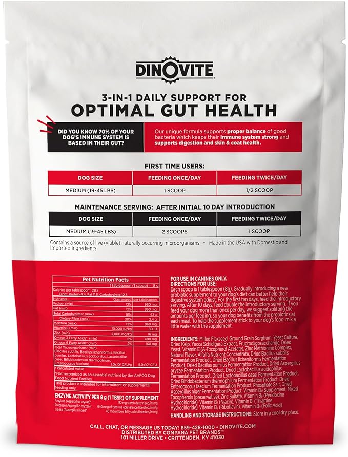 Dinovite 3 in 1 Probiotic for Medium Dogs, Skin & Coat, Digestive Health & Joint Relief, Dog Food Toppers, Immune Support, Allergy Relief & Itch Relief Skin Care, 30 Servings (18-45lb)