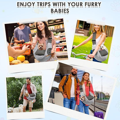 SlowTon Dog Carrier Sling - Puppy Carrier with Window and Storage Pocket Fits up to 12lbs, Dog Sling with Thick Adjustable Shoulder Strap and Safety Leash, Pet Carrier Bag for Small Dogs Cats(Grey M)