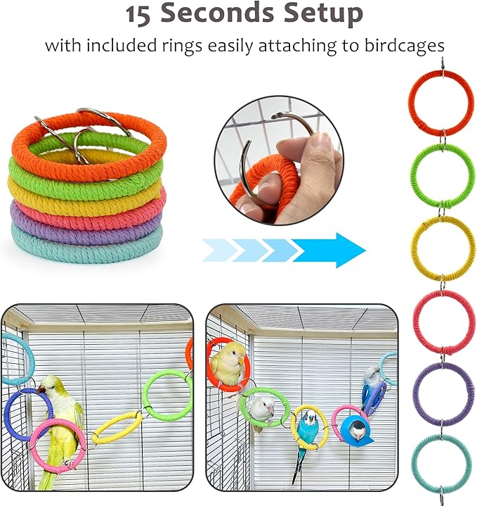 6-Ring Bird Swing Toy for Cage, Colorful Cotton Rope Perch for Parrots Soft Grip, DIY Adjustable Hanging Parakeet Toys, Interactive Multi-Bird Swing and Climb for Budgies, Lovebirds, Cockatiels