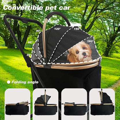 3 in 1 Folding Pet Stroller, Detachable Folding Medium and Small Pet Dog Cat Strollers with Storage Bins and Cup Holders Carbon Steel Frame 4-Wheel Pet Travel Stroller (Black)